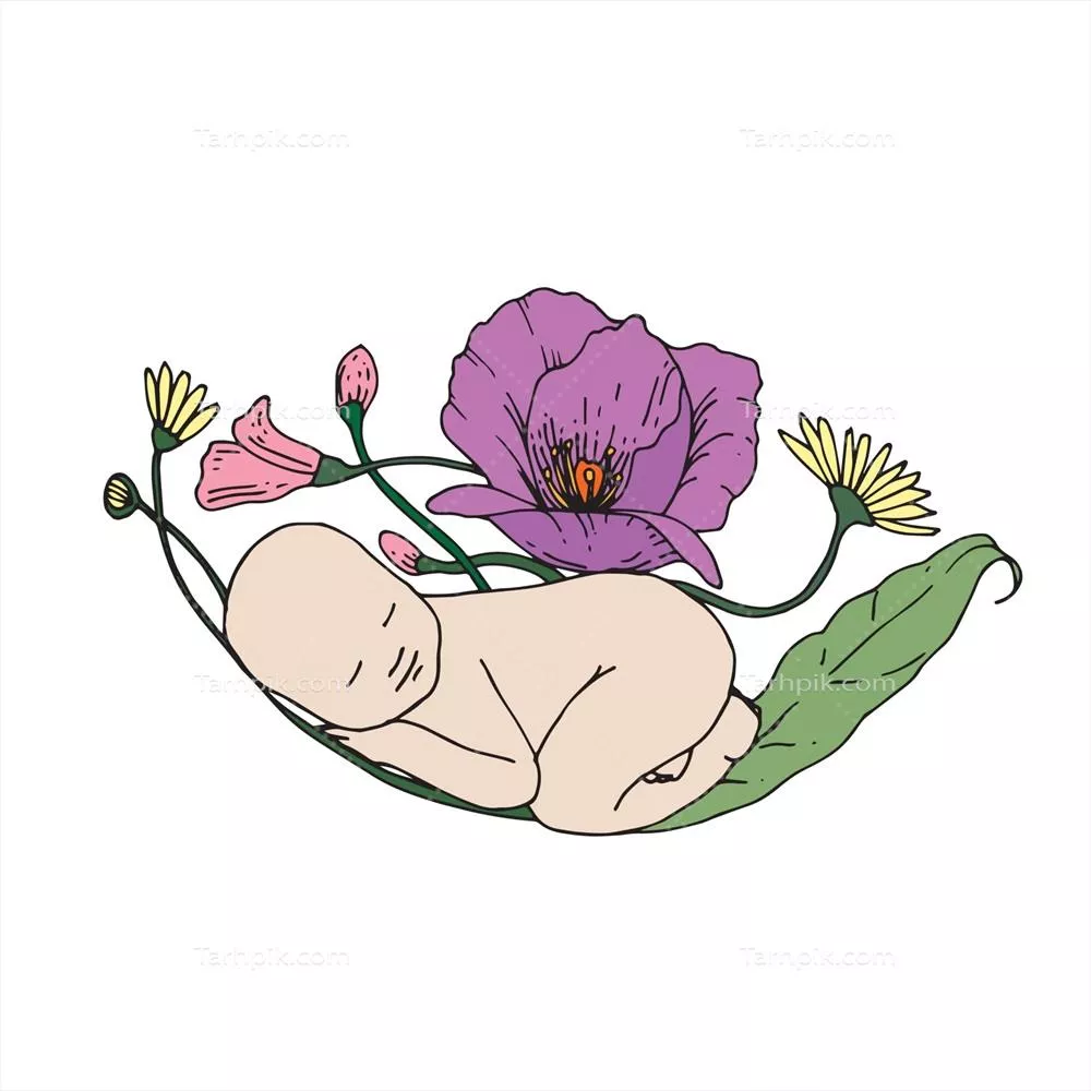 تصویر وکتوری از نوزادی که در میان گلها خوابیده است