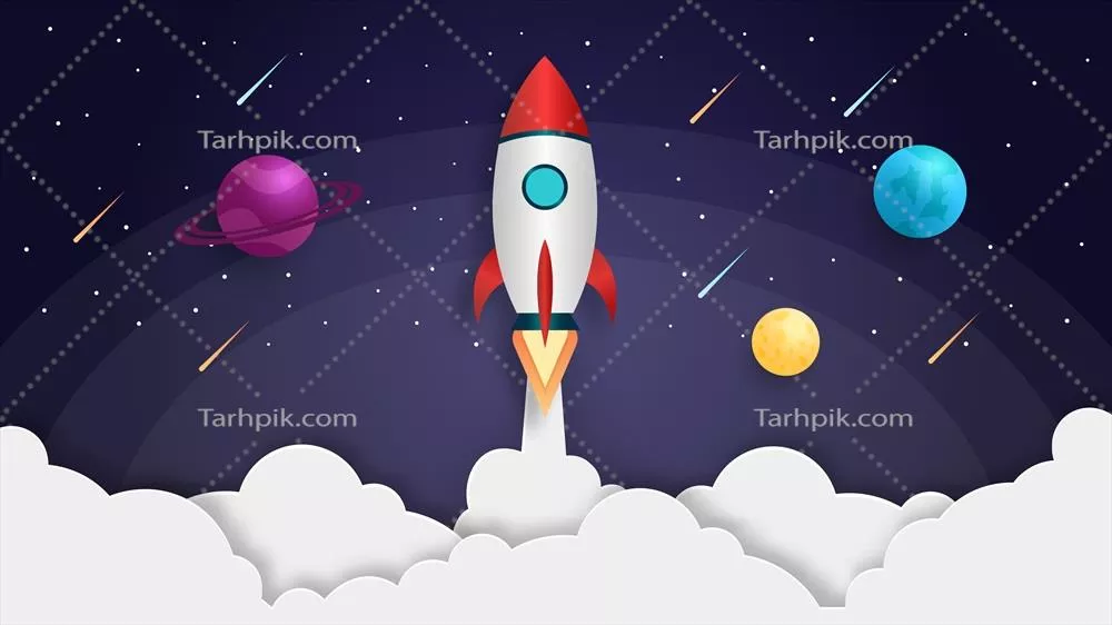 تصویرسازی وکتوری: مفهوم پرتاب موشک به فضا در میان سیارات و دنبالهدارها