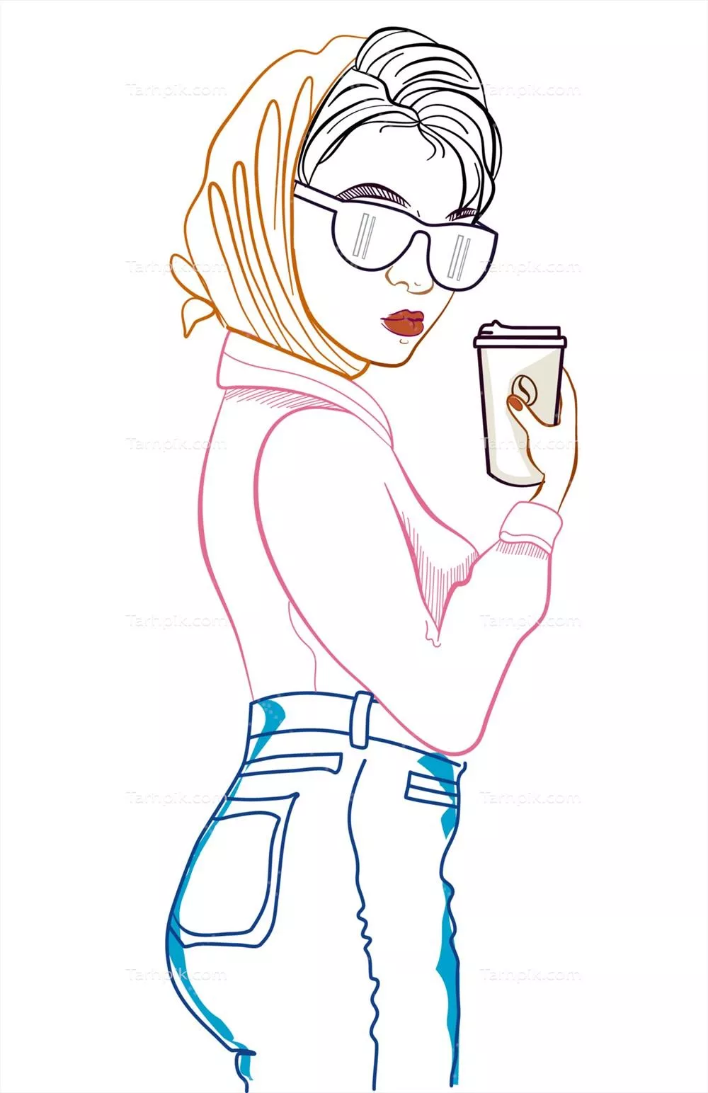 تصویر وکتوری خطی: دختری با فنجان قهوه در دست