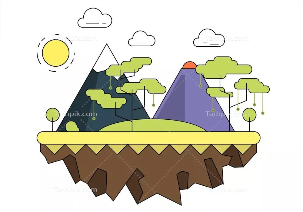 جزیره وکتوری با کوهها و طبیعت به سبک خطوط نازک