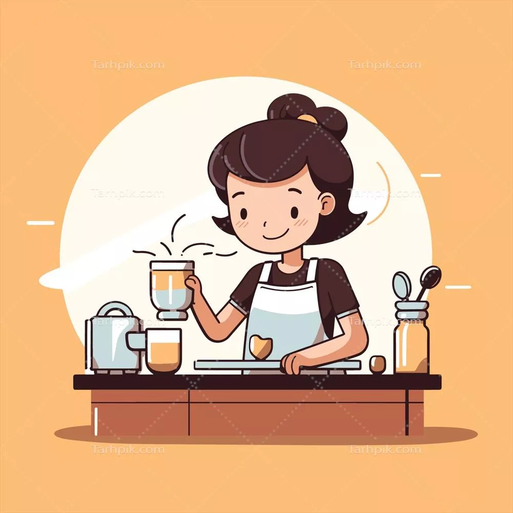 وکتور زنی که در حال پخت و پز بر روی اجاق گاز با قابلمه است