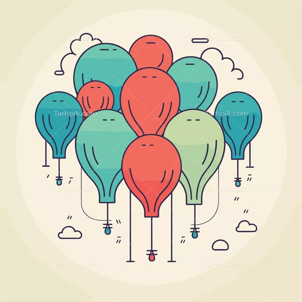 وکتور تصویری از گروهی از بادکنکهای رنگارنگ در حال پرواز در آسمان