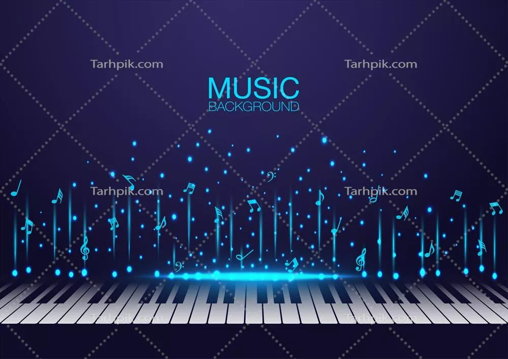 طرح وکتور از کلید پیانو با یک نت موسیقی پرنده به عنوان پس‌زمینه موسیقی