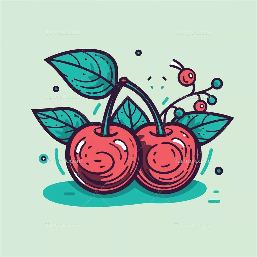 شکل وکتور دو گیلاس با برگها بر روی پسزمینه سبز زنده و پررنگ