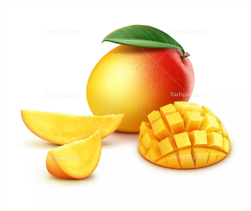 وکتور تصویر برداری از مکعبهای زرد، نارنجی و قرمز کامل و قطعهقطعه شده انبه با برگ روی پسزمینه سفید