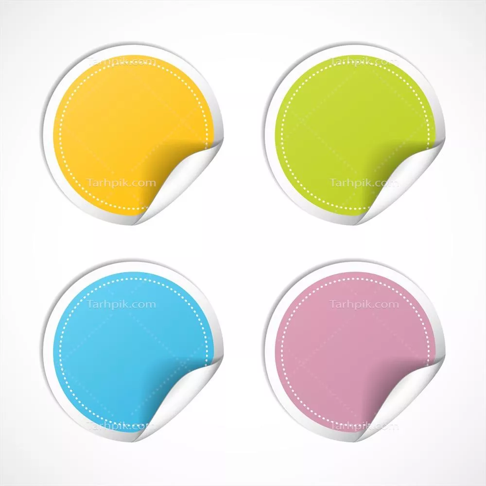 برچسبهای گرد و وکتوری با لبههای پیچ خورده بر روی پسزمینه سفید مجزا