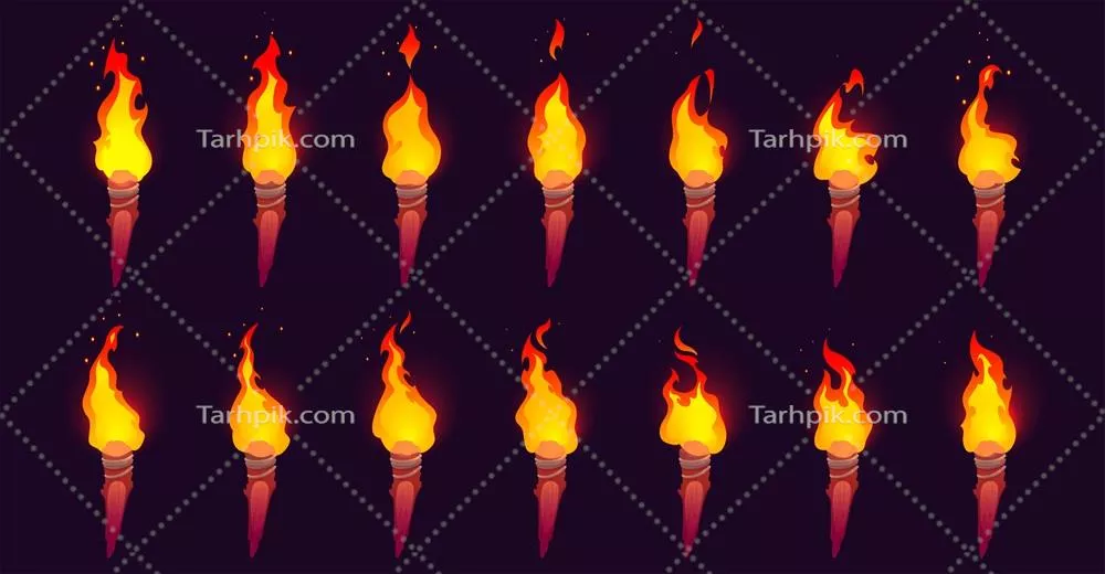 مجموعه وکتور مشعل چوبی قدیمی با شعله سوزان و جالب توجه