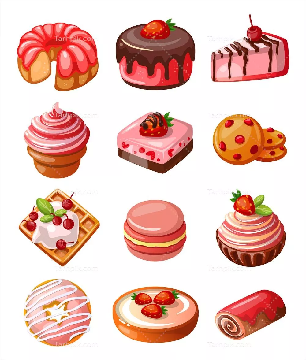 مجموعه وکتور آیکون های خوراکی و شیرینی های خوشمزه