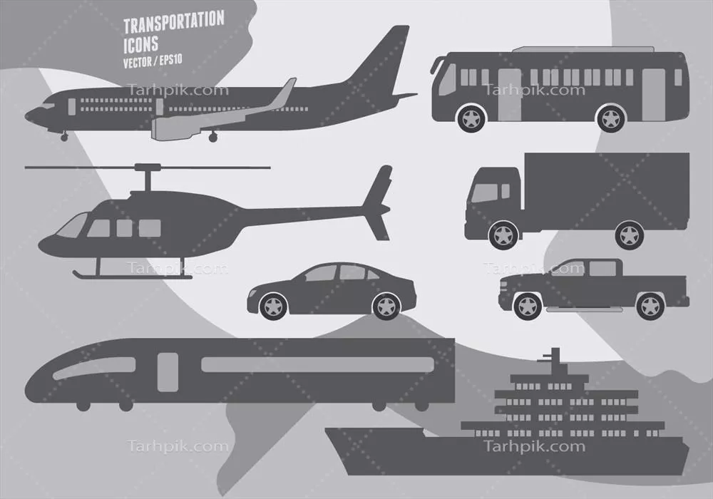 مجموعه وکتور آیکونهای حمل و نقل: مجموعهای ایدهآل برای انواع طراحی، شامل فرمتهای AI10، EPS10 و SVG