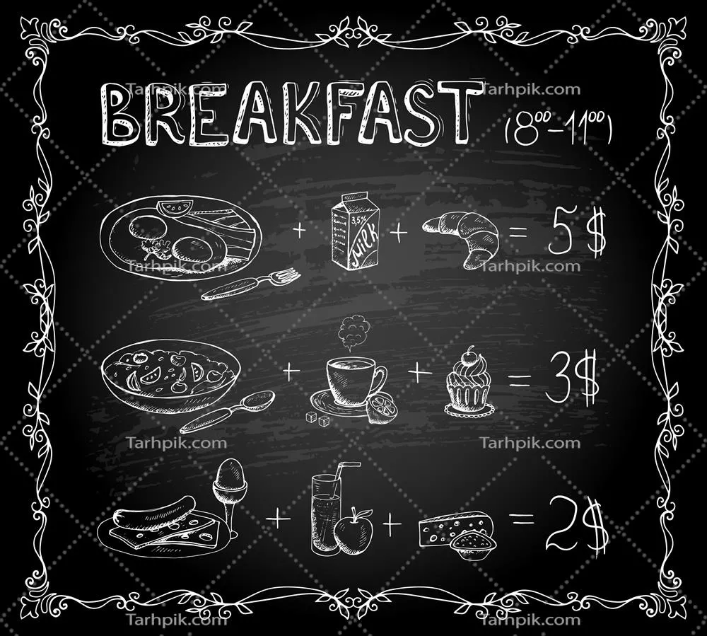 پوستر وکتوری منوی صبحانه با طراحی وینتیج و تخته سیاه
