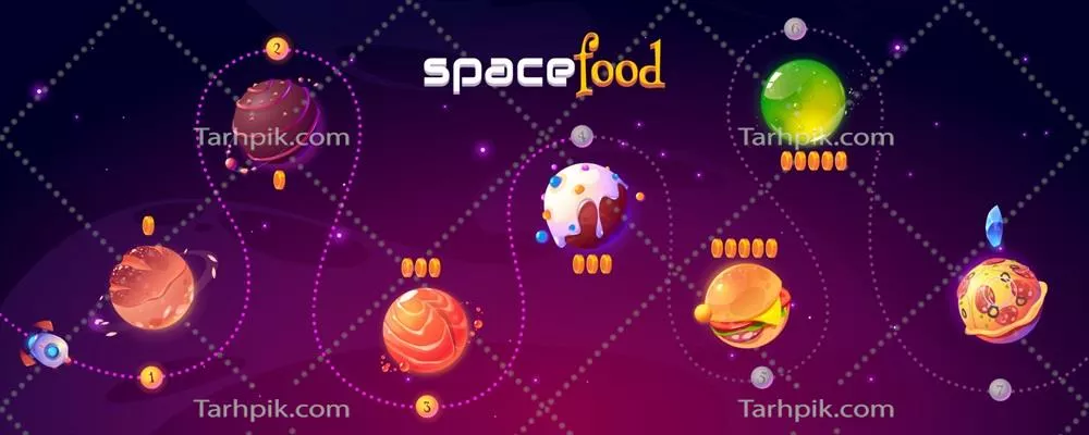 وکتور طراحی رابط کاربری برداری برای نقشه مراحل بازی غذایی در فضا