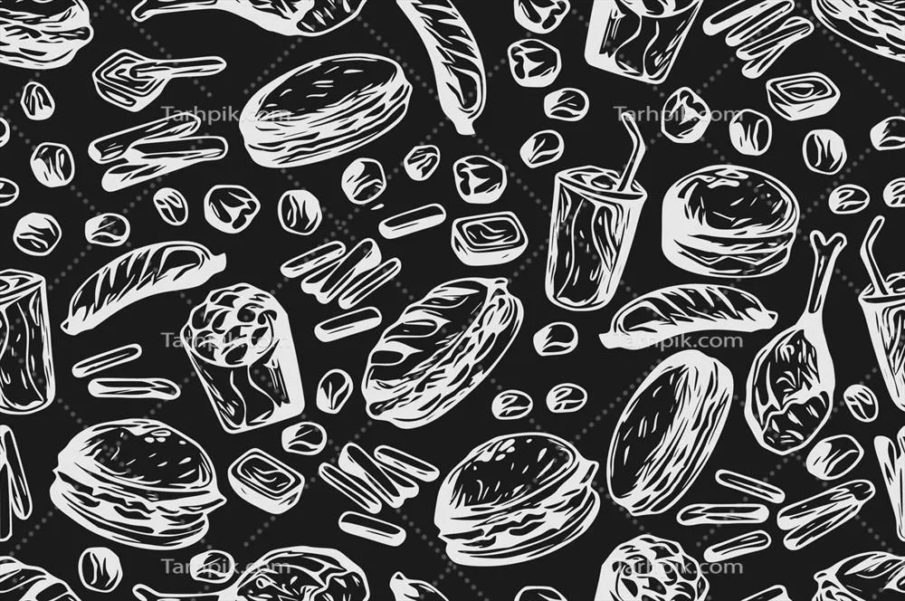 الگوی یکدست و وکتوری از فست فودهای وینتج با طراحی دستی