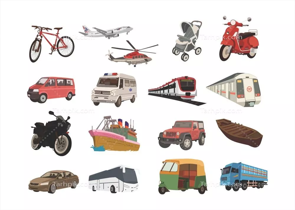وکتور کتاب تصویری وسایل نقلیه برای کودکان: دوچرخه، هواپیما، کالسکه و اسکوتر