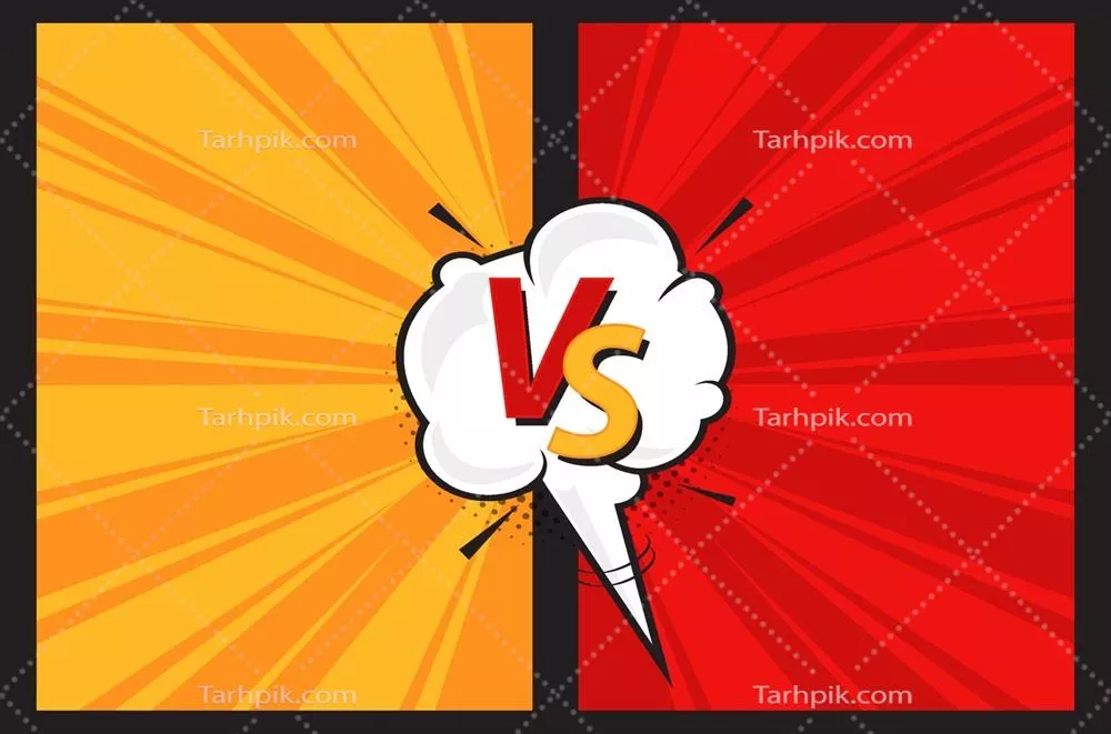 وکتور پس‌زمینه مبارزه بین شخصیت‌های کامیک با حباب گفتار و فریم‌های قرمز و زرد