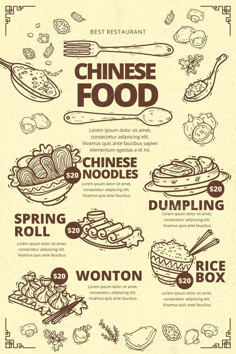 قالب منوی افقی غذاهای چینی با طراحی وکتور جذاب و حرفهای