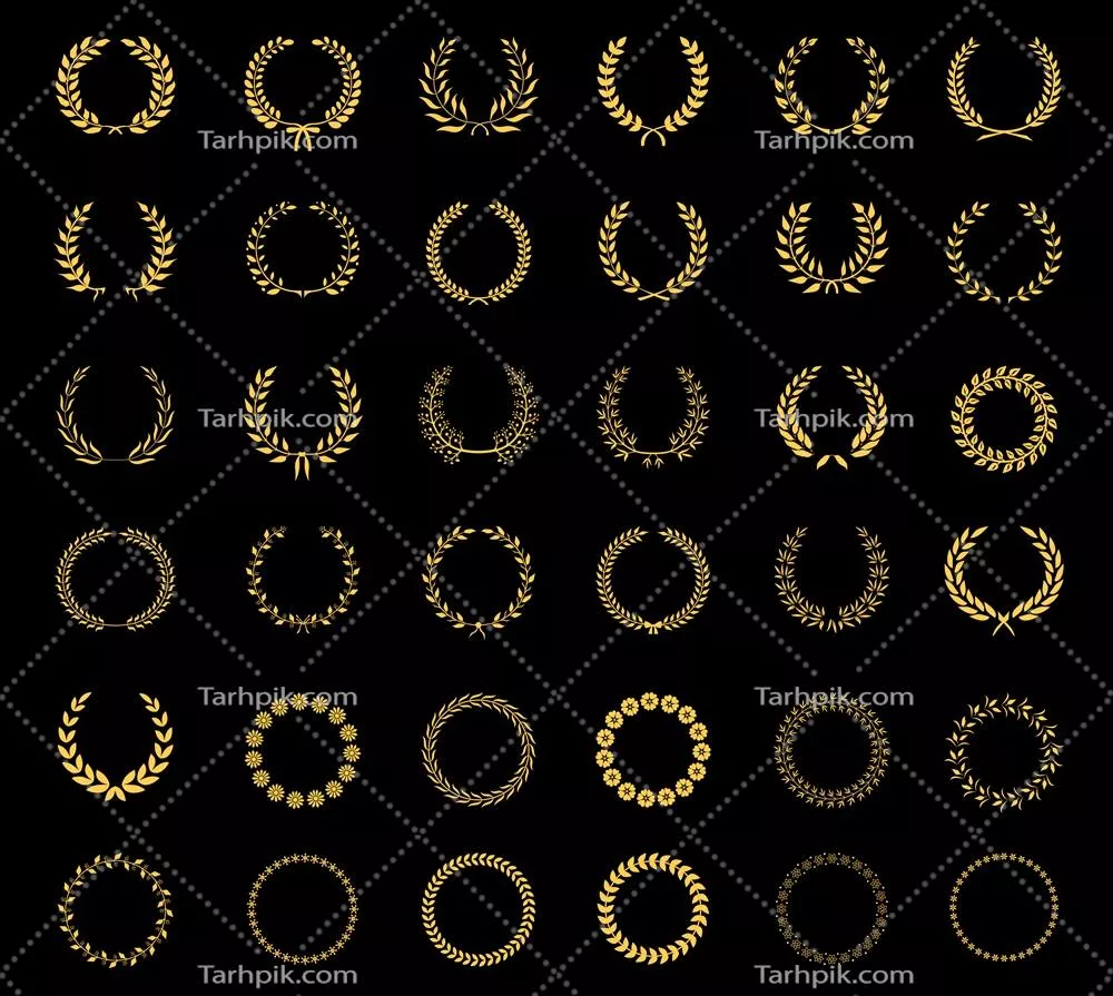 مجموعه بسیار بزرگ از سی و شش نوع تاج گل لورل و گندم با قاب های دایره ای و جوایز و آرم های وکتور