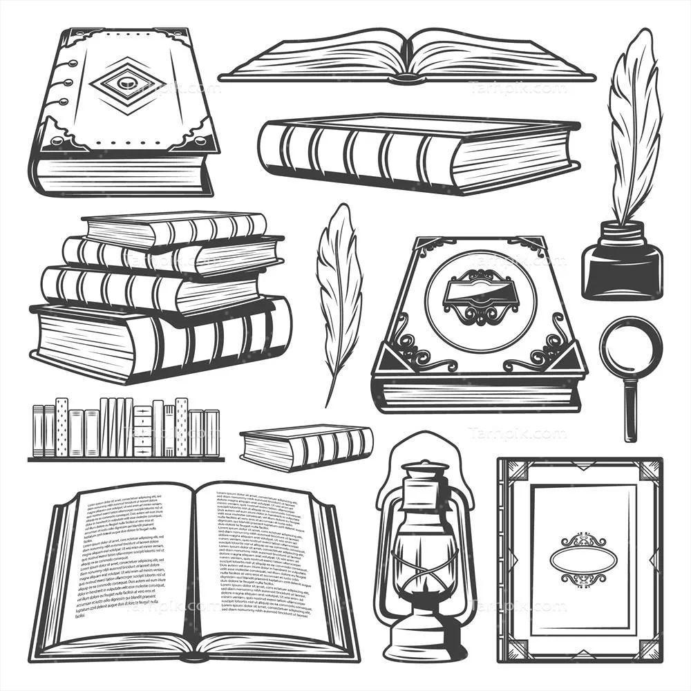 وکتور مجموعه عناصر کتابهای وینتیج با طراحیهای متنوع از کتابها