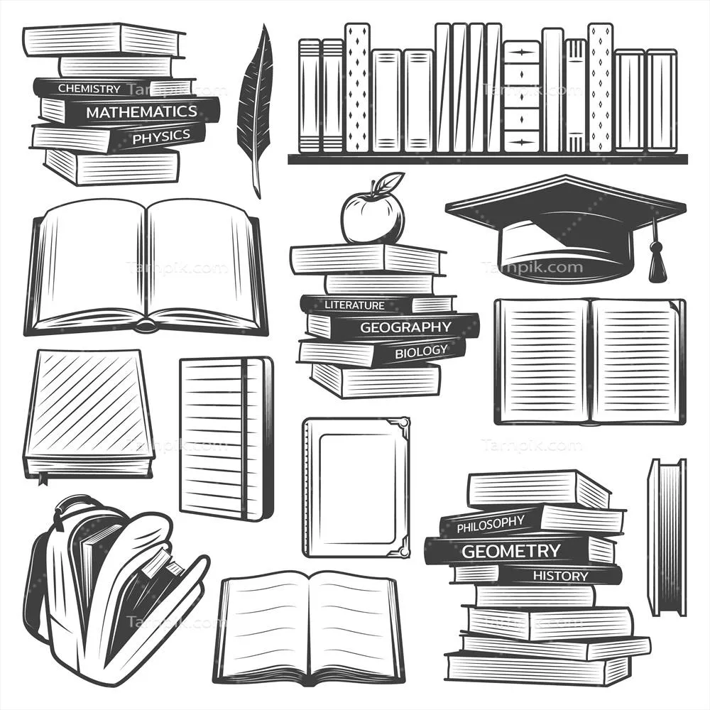 وکتور عناصر آموزشی قدیمی: مجموعهای از کتب مدرسه، کیف، سیب و کلاه فارغالتحصیلی