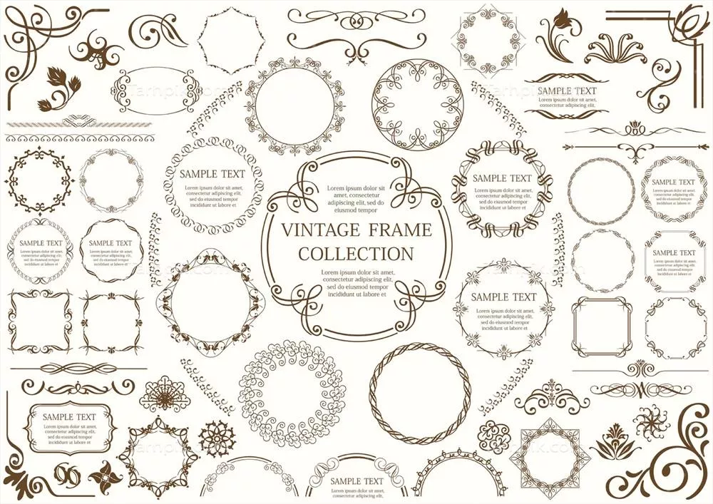 وکتور مجموعه ای از لبه های قاب و عناصر وینتیج بر روی زمینه ساده