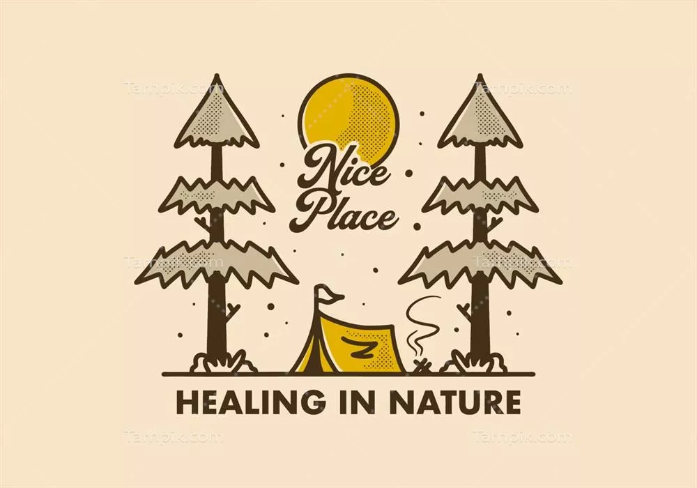 وکتور تصویر قدیمی از چادر کمپینگ و دو درخت کاج زیبا در طبیعت