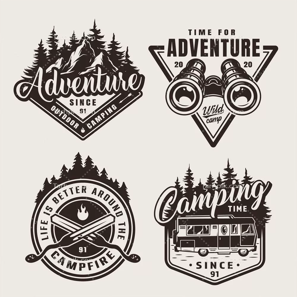 طرح‌های وکتور امبلم‌های ماجراجویی کمپینگ به سبک وینتج و تک رنگ