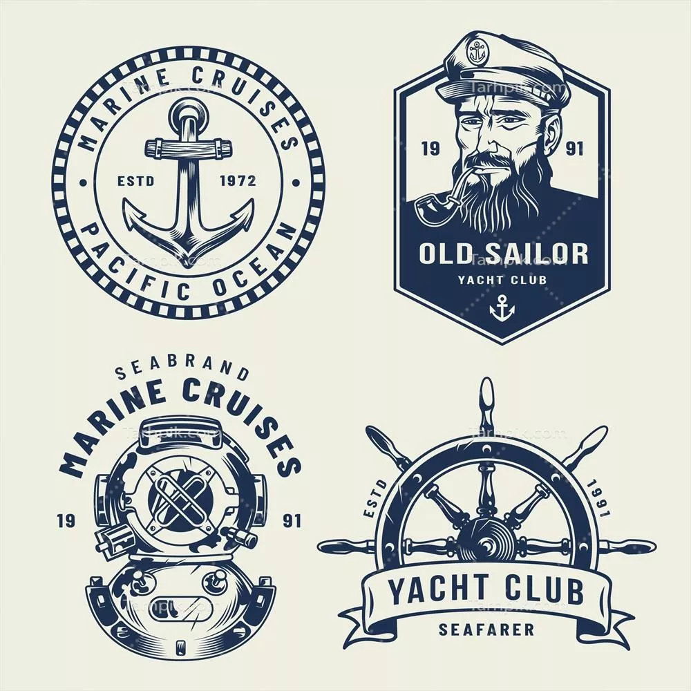 برچسبهای دریایی و دریانوردی وینتج و تک رنگ به صورت وکتور