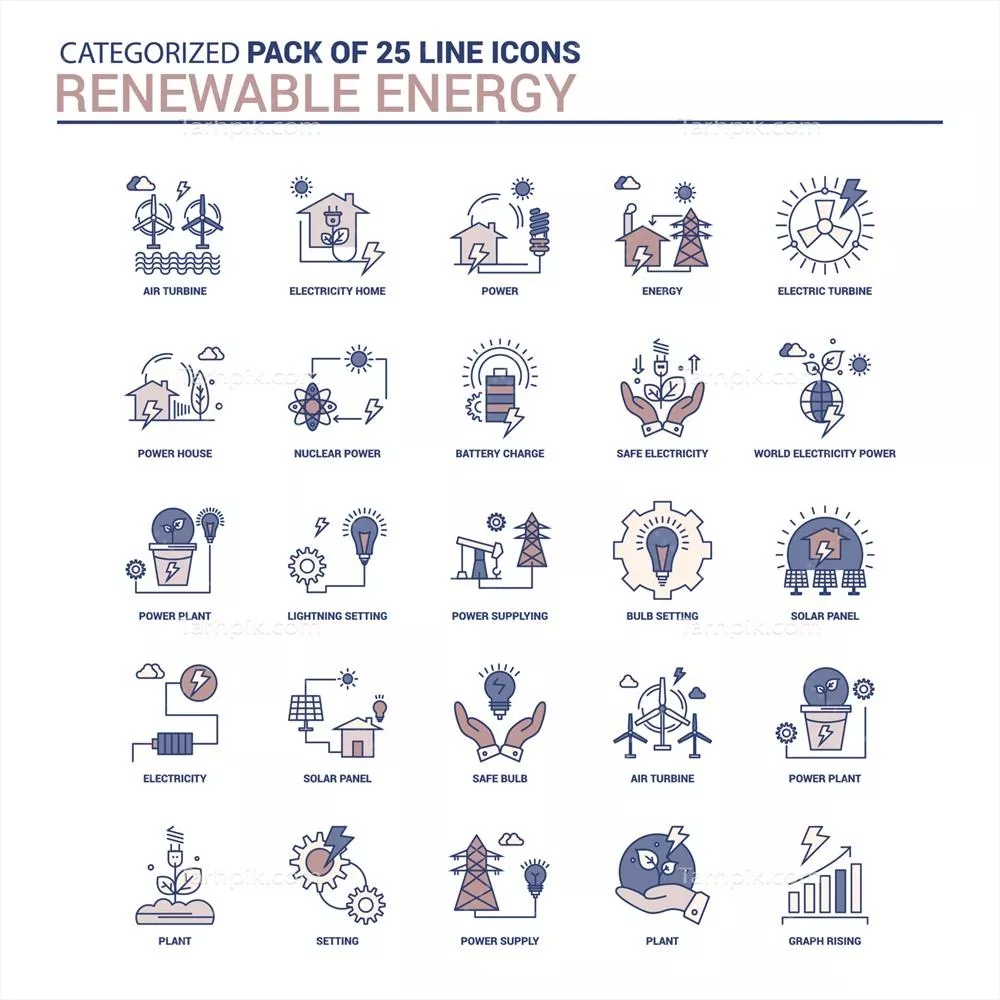 وکتور مجموعه آیکونهای انرژی تجدیدپذیر دستساز با طراحیهای کلاسیک و مدرن
