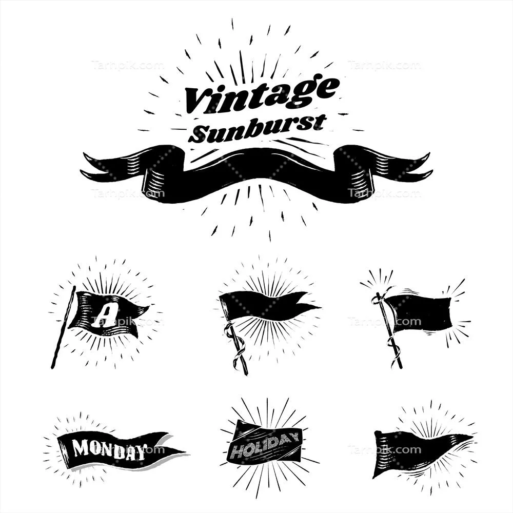 وکتور پرچم‌های قدیمی با طراحی رنگین و الگوی خورشیدی و نوستالژیک