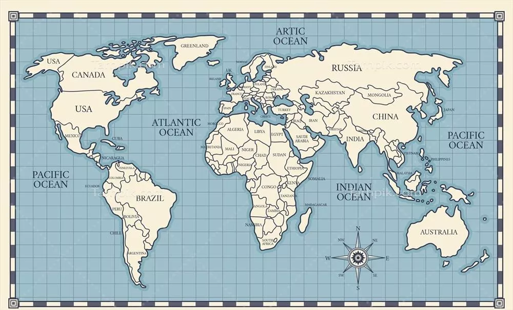 نقشه‌ کلاسیک جهان: طراحی وکتور با تم وینتج و تاریخی