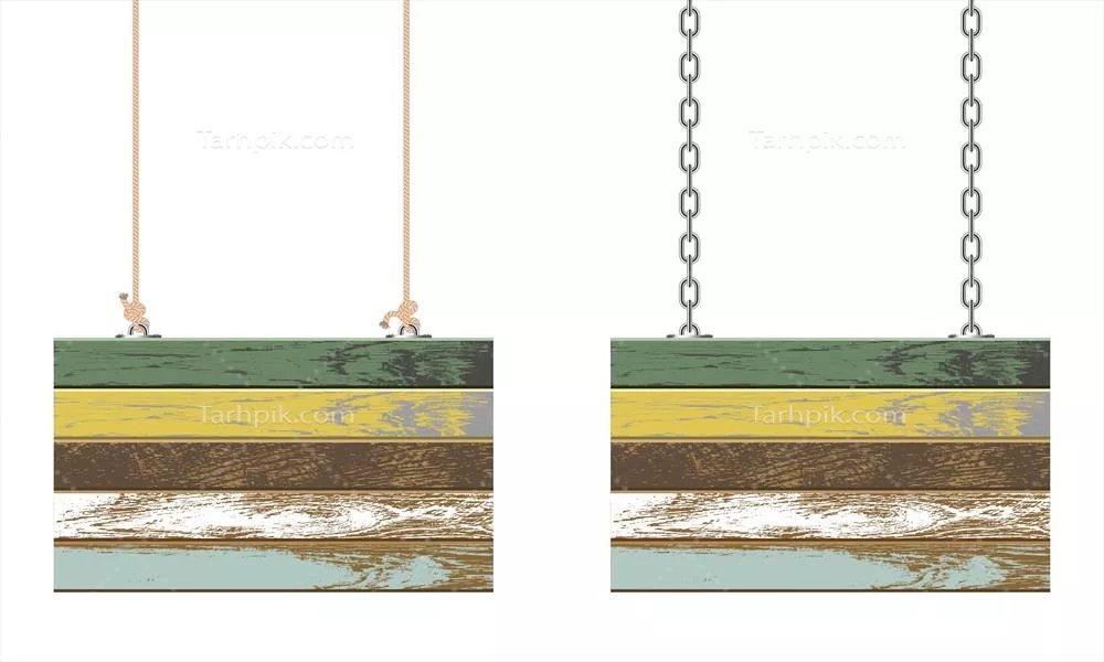 وکتور تخته های چوبی vintage آویزان شده بر روی زنجیر و طناب