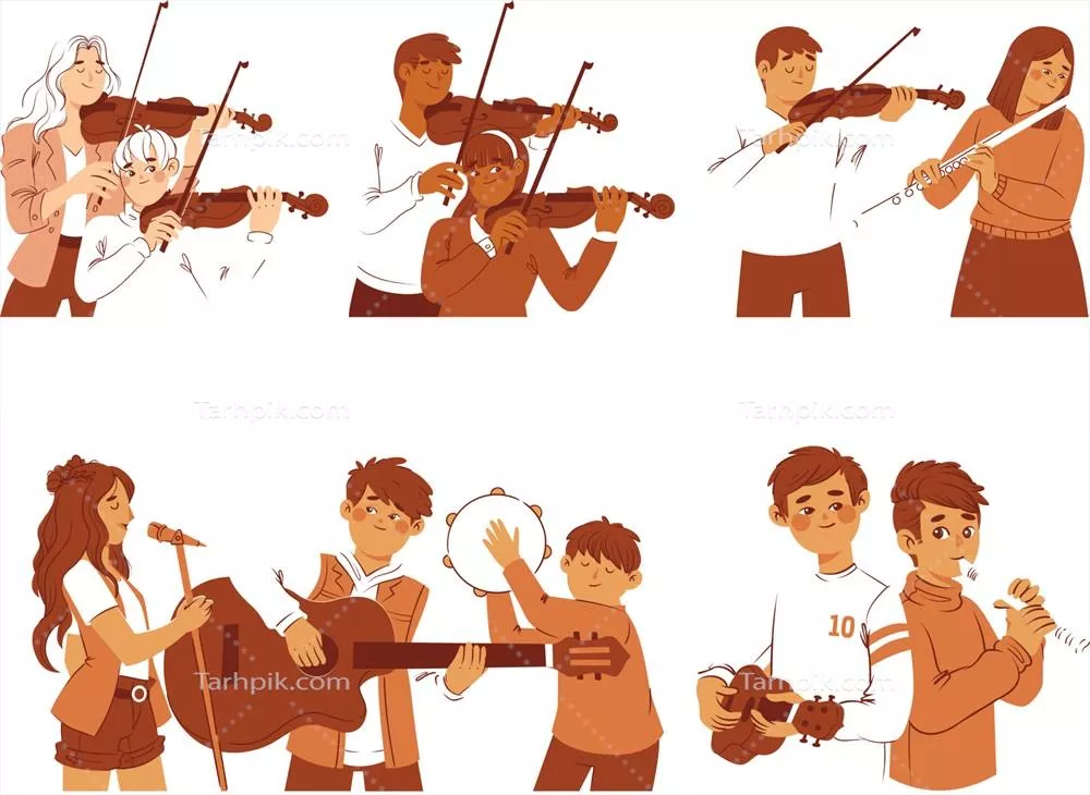 مجموعه وکتورهای نوازنده ویولن با تم موسیقایی متنوع و حرفهای