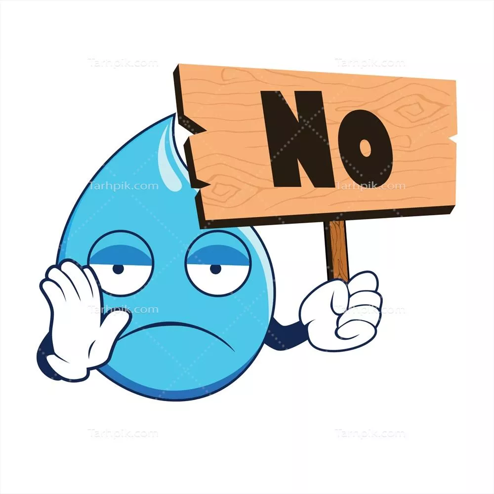 وکتور شخصیت حیوانی قطره آب که در حال نگه داشتن تابلو با کلمه 'نه' است