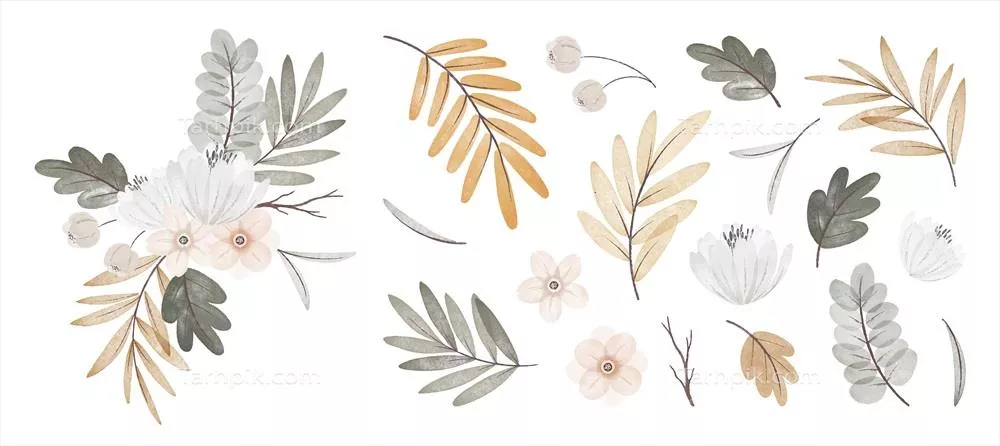 مجموعه گل‌ها و برگ‌های پاییزی با طراحی آبرنگ و دسته گل وکتور