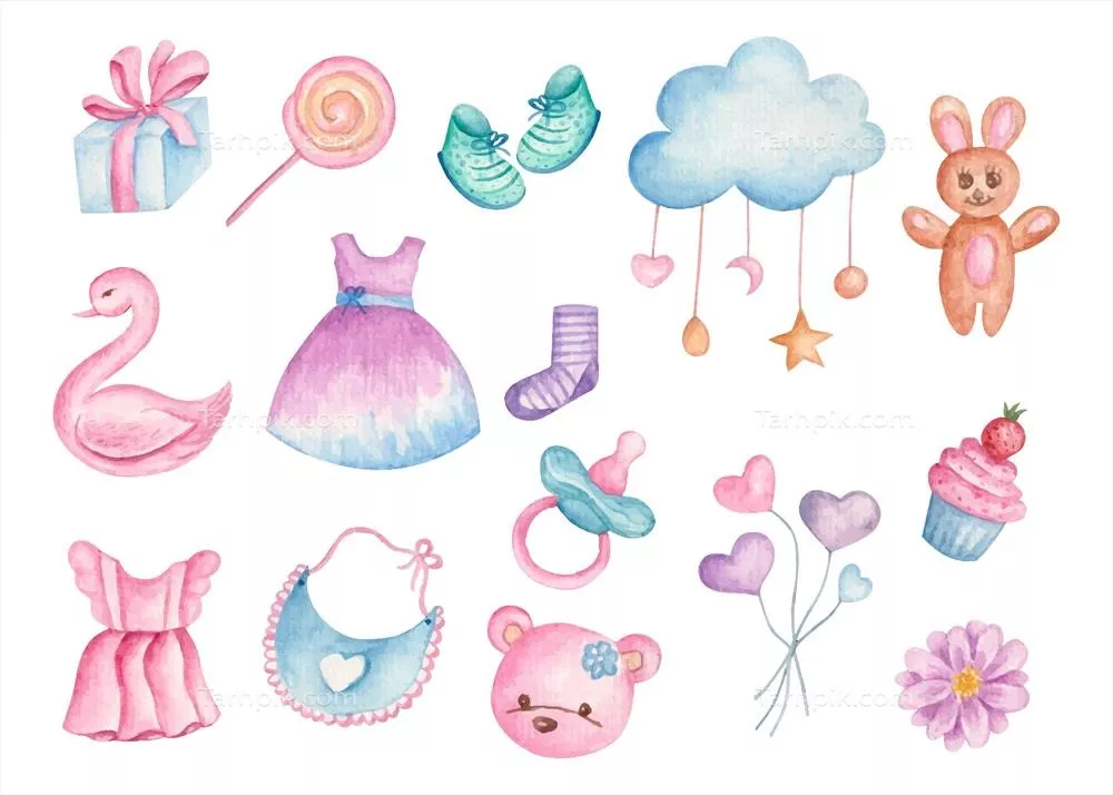 ست طراحی وکتور آبرنگ جشن زایمان نوزاد با جزئیات زیبا