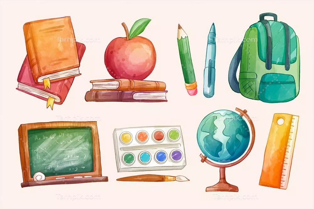 وکتور مجموعه عناصر آبی رنگ با تکنیک آبرنگ برای بازگشت به مدرسه