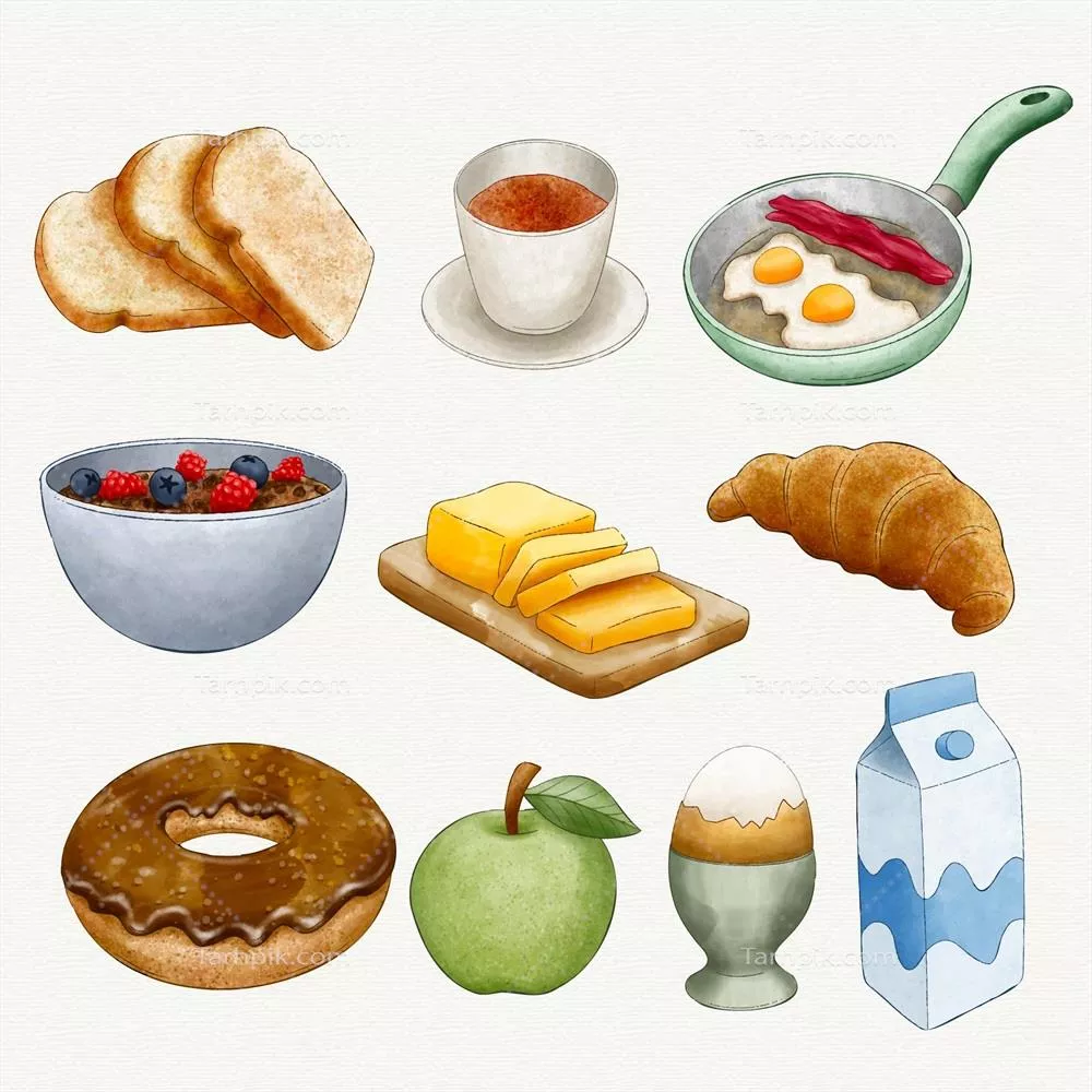 تصاویر وکتور صبحانه خوشمزه به سبک آبرنگی با جزئیات زیبا و رنگی
