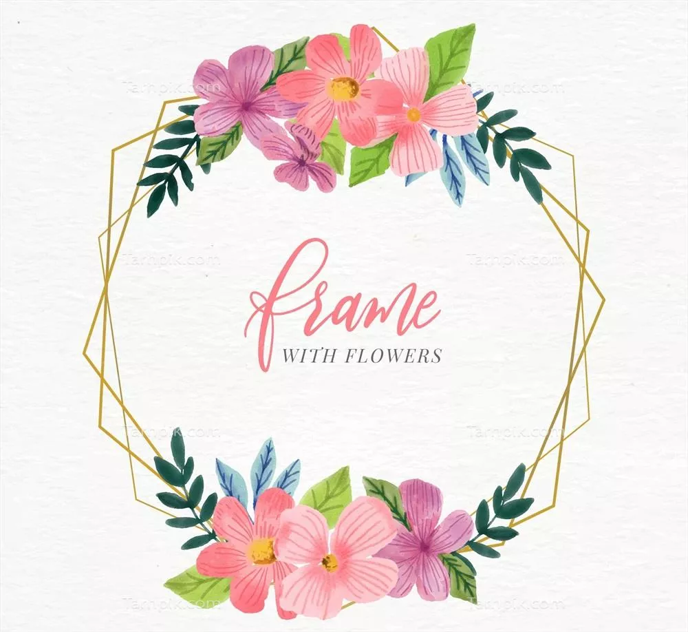 قاب گلهای آبی و آبرنگ با هندسه طلایی و طراحی وکتور