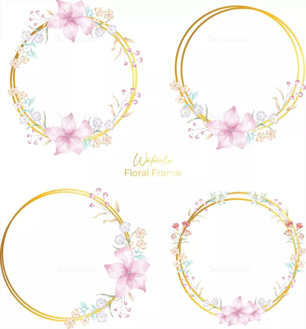 وکتور کادر طلایی با طراحی گلهای آبرنگی برای استفاده در کارتها و بروشورها
