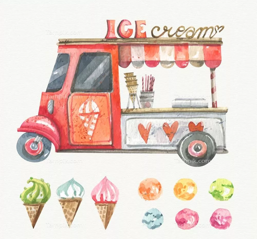 آب‌رنگی زیبای بستنی‌های یخی با طرح حمل‌ونقل و وکتورهای شگفت‌انگیز