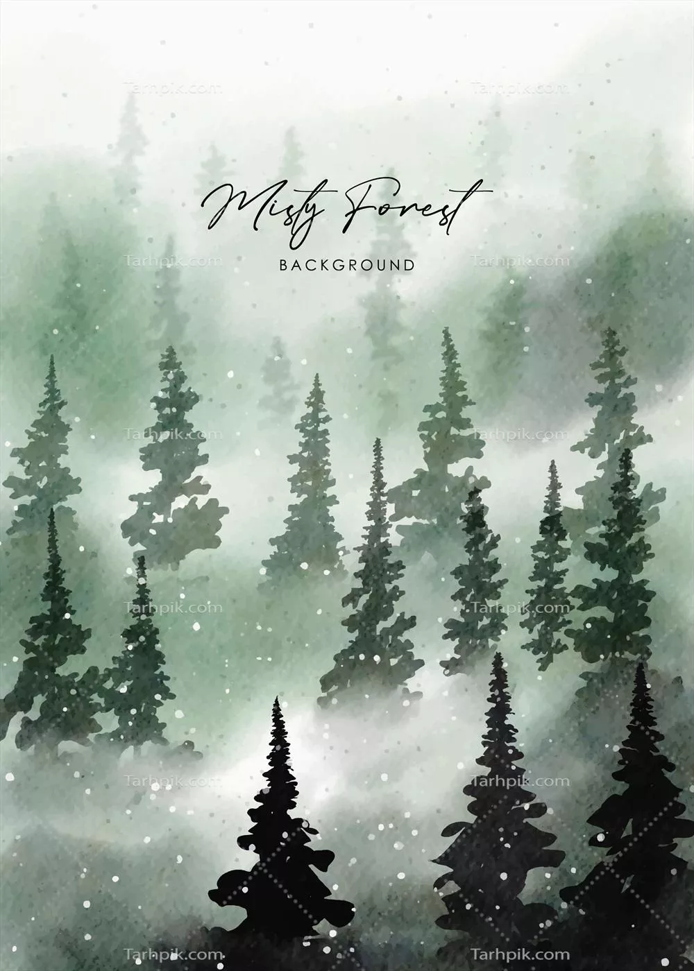 وکتور تصویرسازی آبرنگی از جنگل کاج در فصل زمستان با مه و ابرهای ملایم