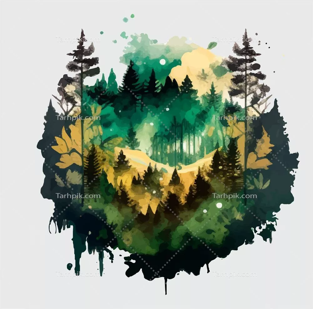 وکتور تصویر دست‌کشیده درختان کاج با رنگ آبی و تکنیک آبرنگ