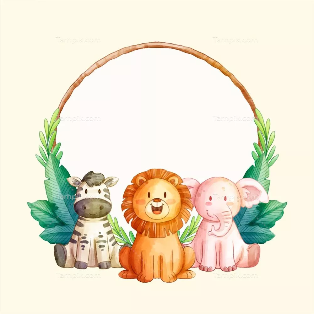 وکتور تصویر زیبای قاب آبرنگی از حیوانات سافاری و برگهای طبیعی