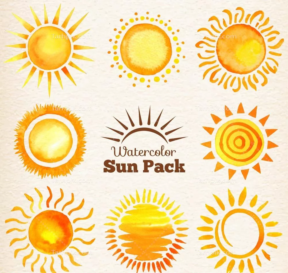 بسته وکتور رنگ‌آمیزی با آفتاب‌های طراحی شده با آب رنگی