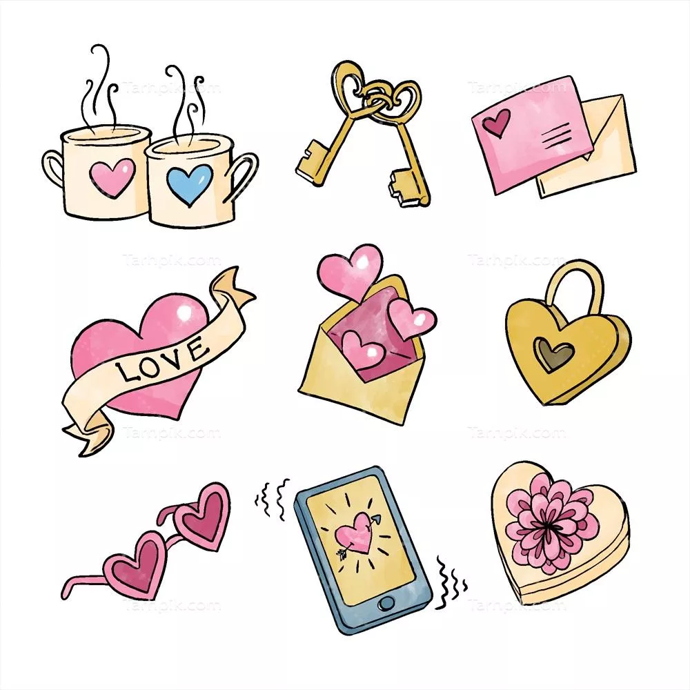 مجموعه عناصر طراحی وکتور آبرنگ ویژه روز ولنتاین