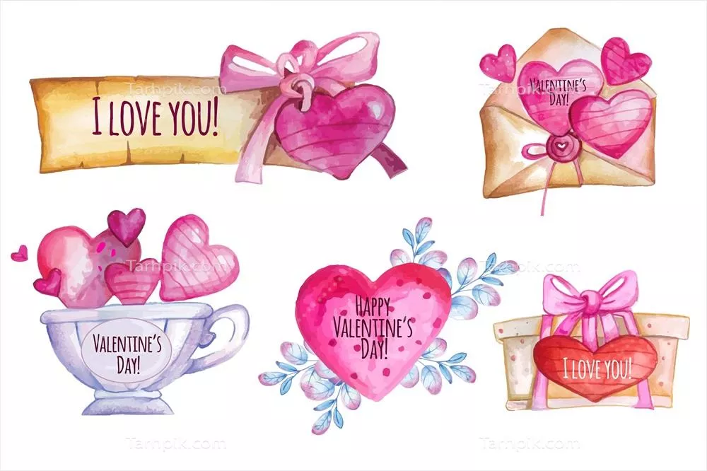 وکتور مجموعه نشان‌های کارتونی آبرنگی ویژه روز ولنتاین