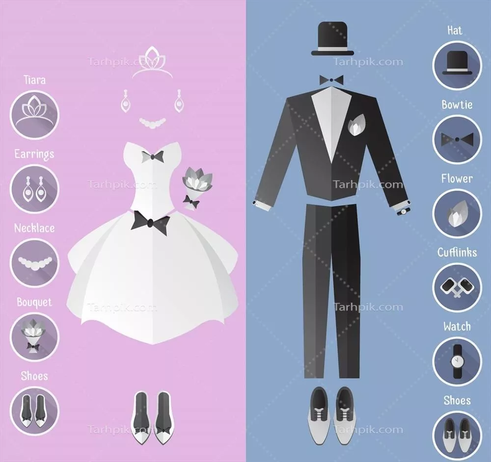 وکتور کت و دامن عروسی با اکسسوری‌های گرافیکی جذاب و مدرن