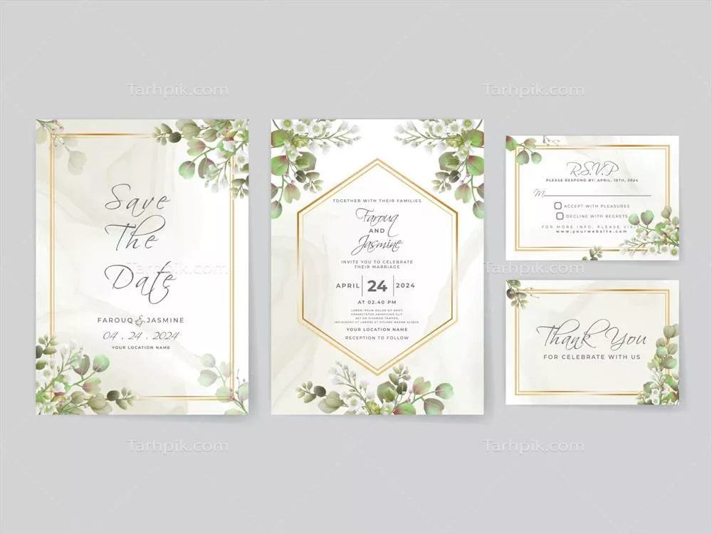 وکتور کارت دعوت عروسی با طرح سبز و برگهای طبیعی و زیبا