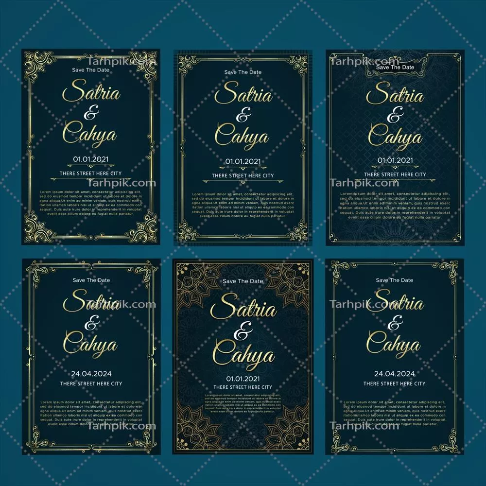 وکتور دعوتنامه عروسی با طراحی زرق و برق دار و تزیینات طلایی