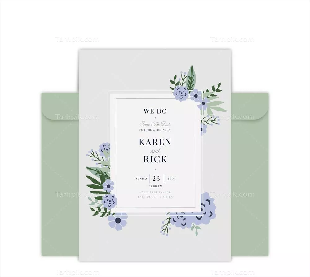 وکتور دعوت‌نامه عروسی با طراحی شکیلی از گل‌ها و تزئینات گلدار