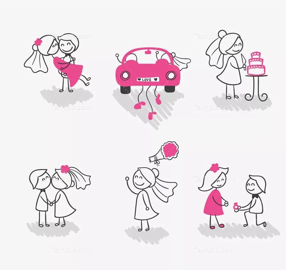 نقش و نگار وکتور عروس و داماد با طرح شخصیت‌های ساده و جذاب